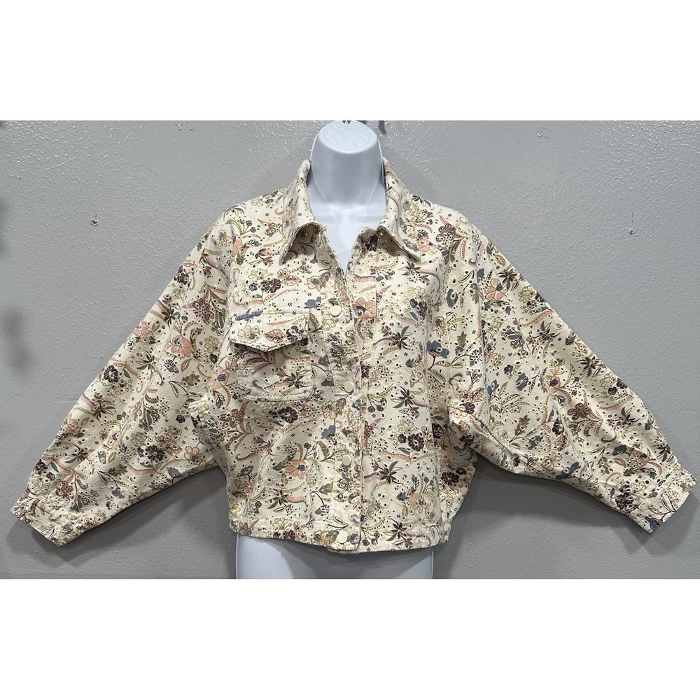 Solitaire Eyelet Jacket Women's Large Ivory Flower Print Button Up Long Sleeves